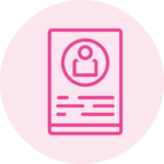 Pink icon of a document with a person on it