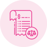 Pink line icon of a receipt and a legal scales together
