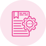 Legal document with a gear in front of it pink line icon