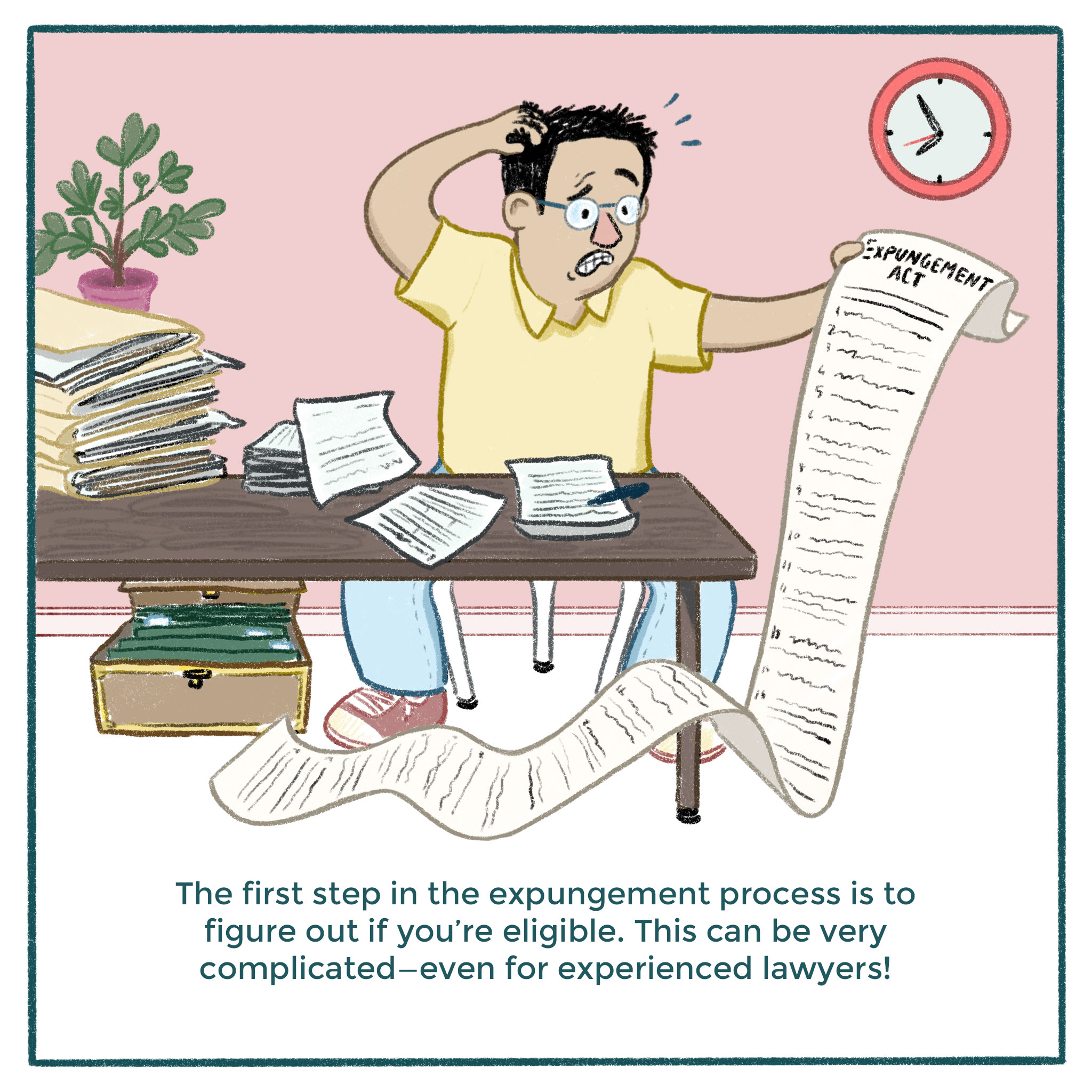 4. Image: Illustration of a man, confused, with a stack of paperwork. Text: The first step in the expungement process is to figure out if you’re eligible. This can be very complicated—even for experienced lawyers!