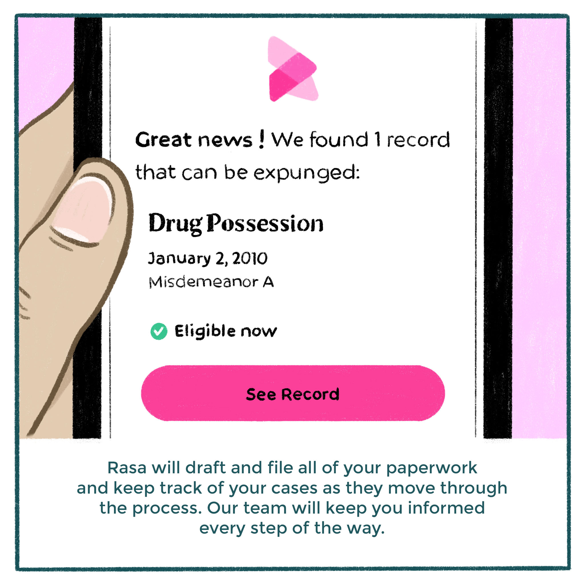 9. Image: Illustration of the Rasa eligibility app. Text: Rasa will draft and file all of your paperwork and keep track of your cases as they move through the process. Our team will keep you informed every step of the way.