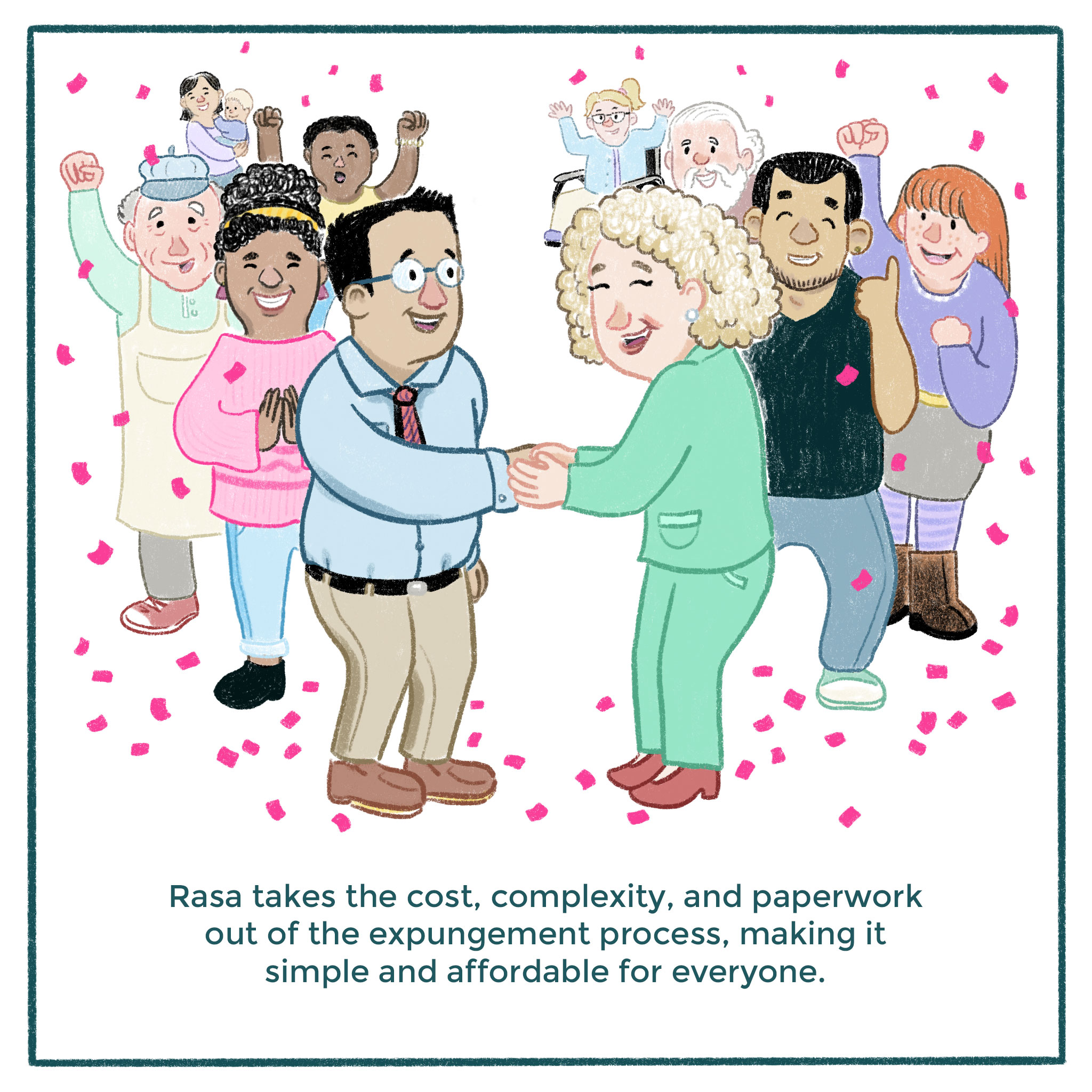 10. Image: Illustration of a man celebrating with others. Text: Rasa takes the cost, complexity, and paperwork out of the expungement process, making it simple and affordable for everyone.