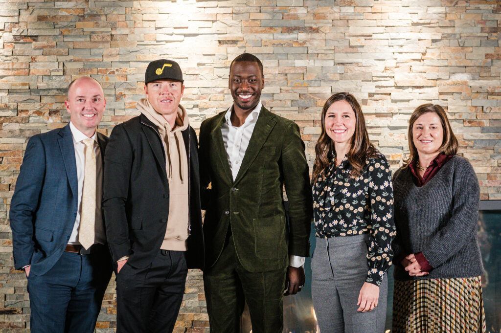 Governor Spencer Cox, Ryan Smith (Utah Jazz), James Cadogan (NBA Social Justice Coalition), SLC Mayor Erin Mendenhall, Salt Lake County Mayor Jenny Wilson