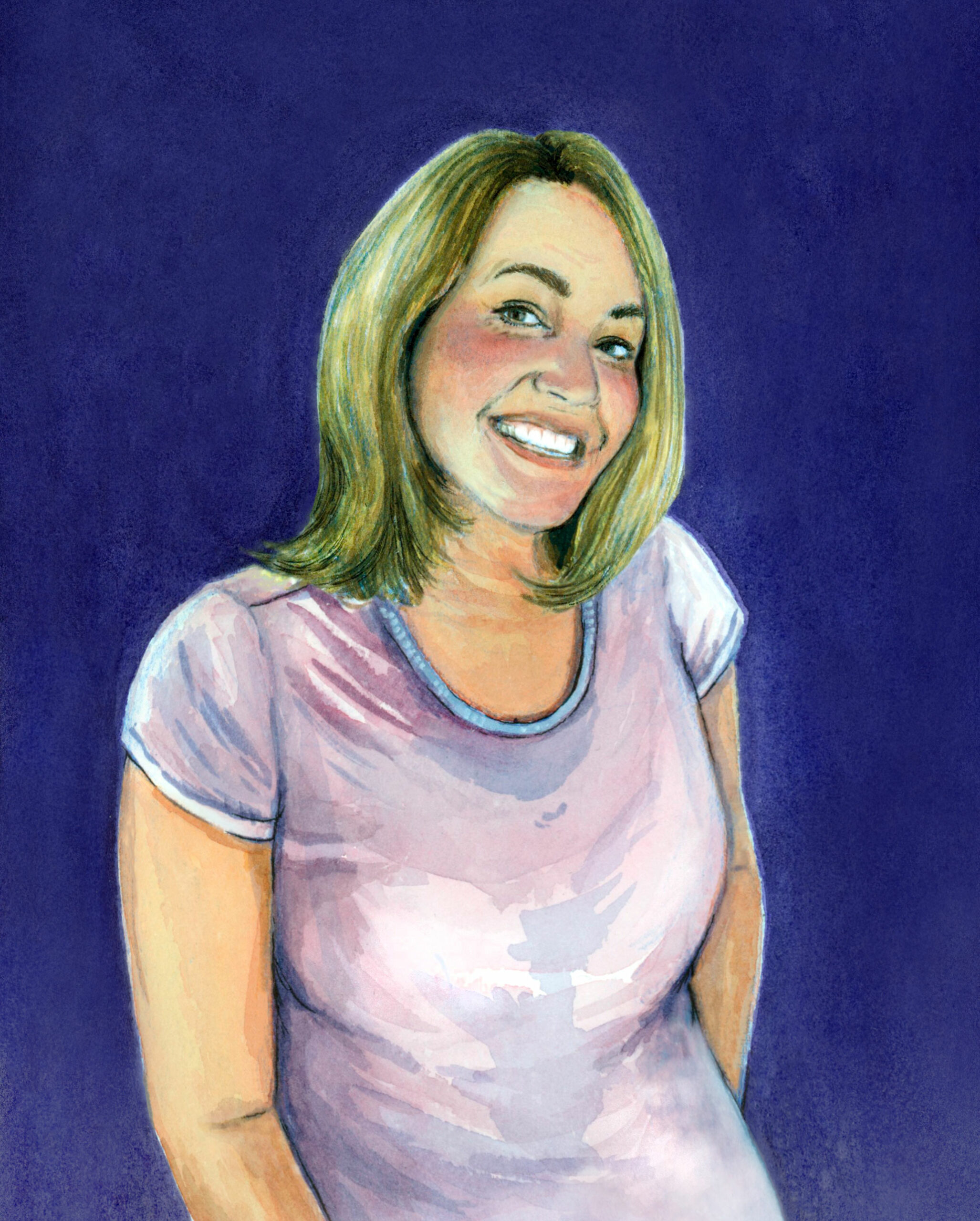 Portia - Illustrated by Yifan Lou Portrait illustration of a woman with short blonde hair wearing a t-shirt