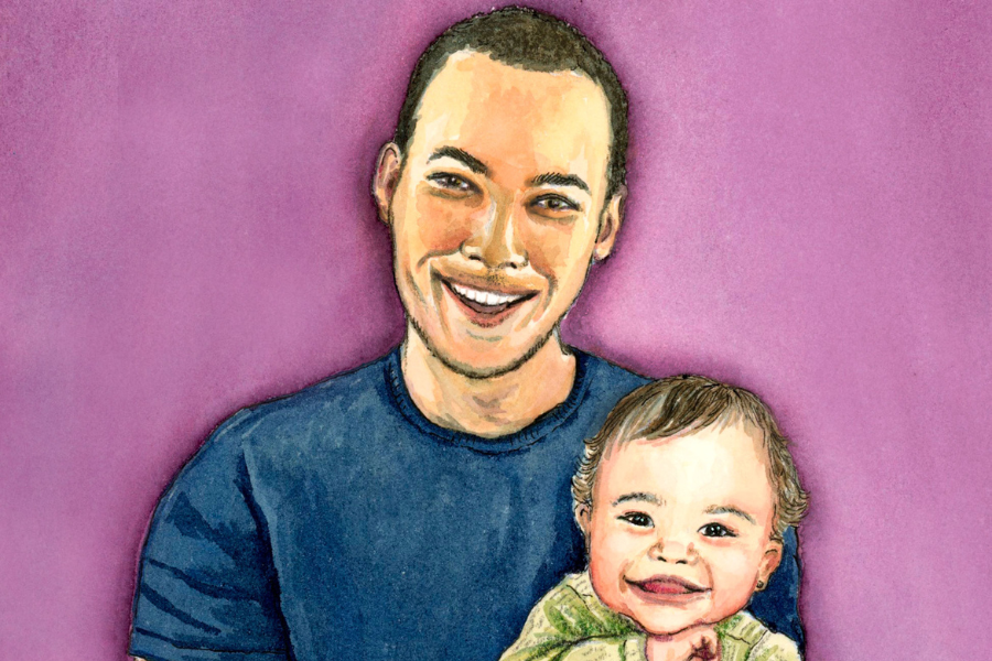 Illustrated portrait of Coss and his baby girl