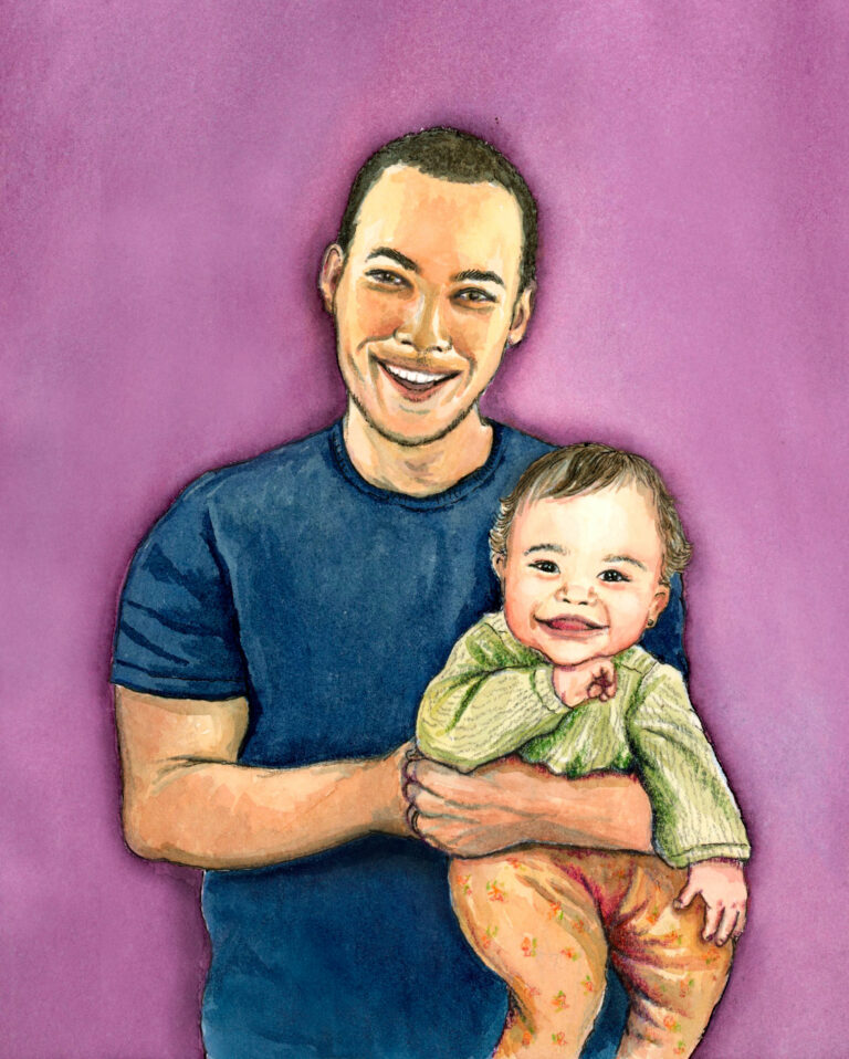 Illustrated portrait of Coss and his baby girl (full size)