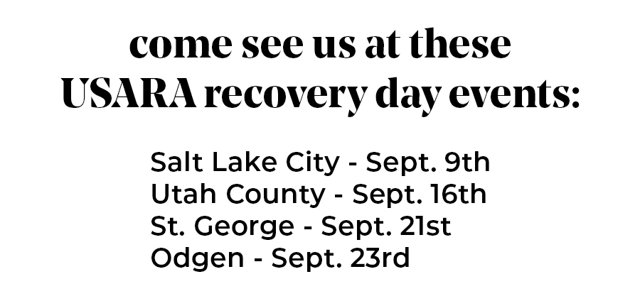 Rec Days Text reads: Come see us at these USARA recovery day events: Salt Lake City - Sept. 9th, Utah County - Sept. 16th, St. George - Sept. 21st, Odgen - Sept. 23rd.