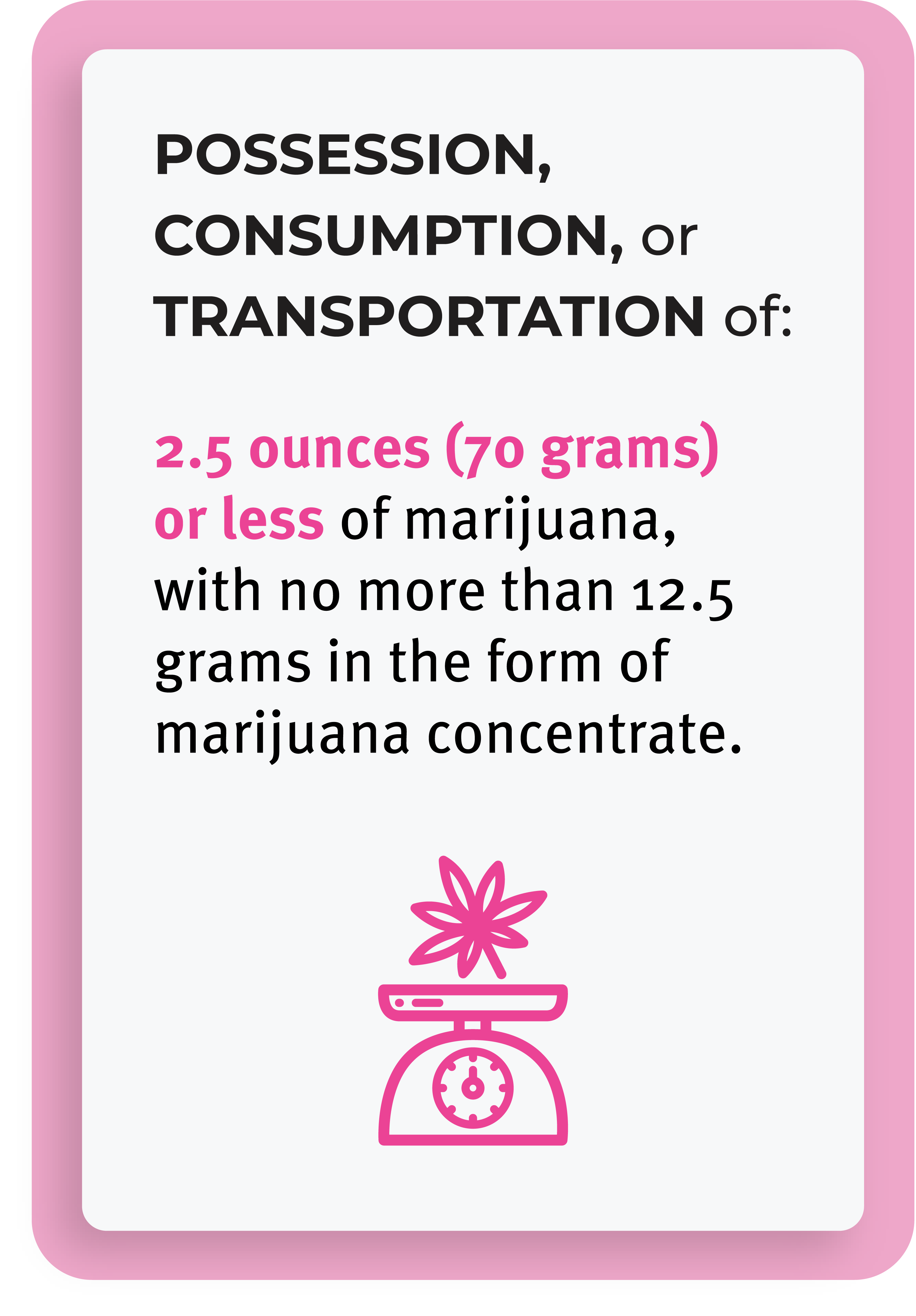 Infographic with a cannabis plan on a scale symbol. Text reads: "Possession, consumption, or transportation of: 2.5 ounces (70 grams) or less of marijuana, with no more than 12.5 grams in the form of marijuana concentrate."
