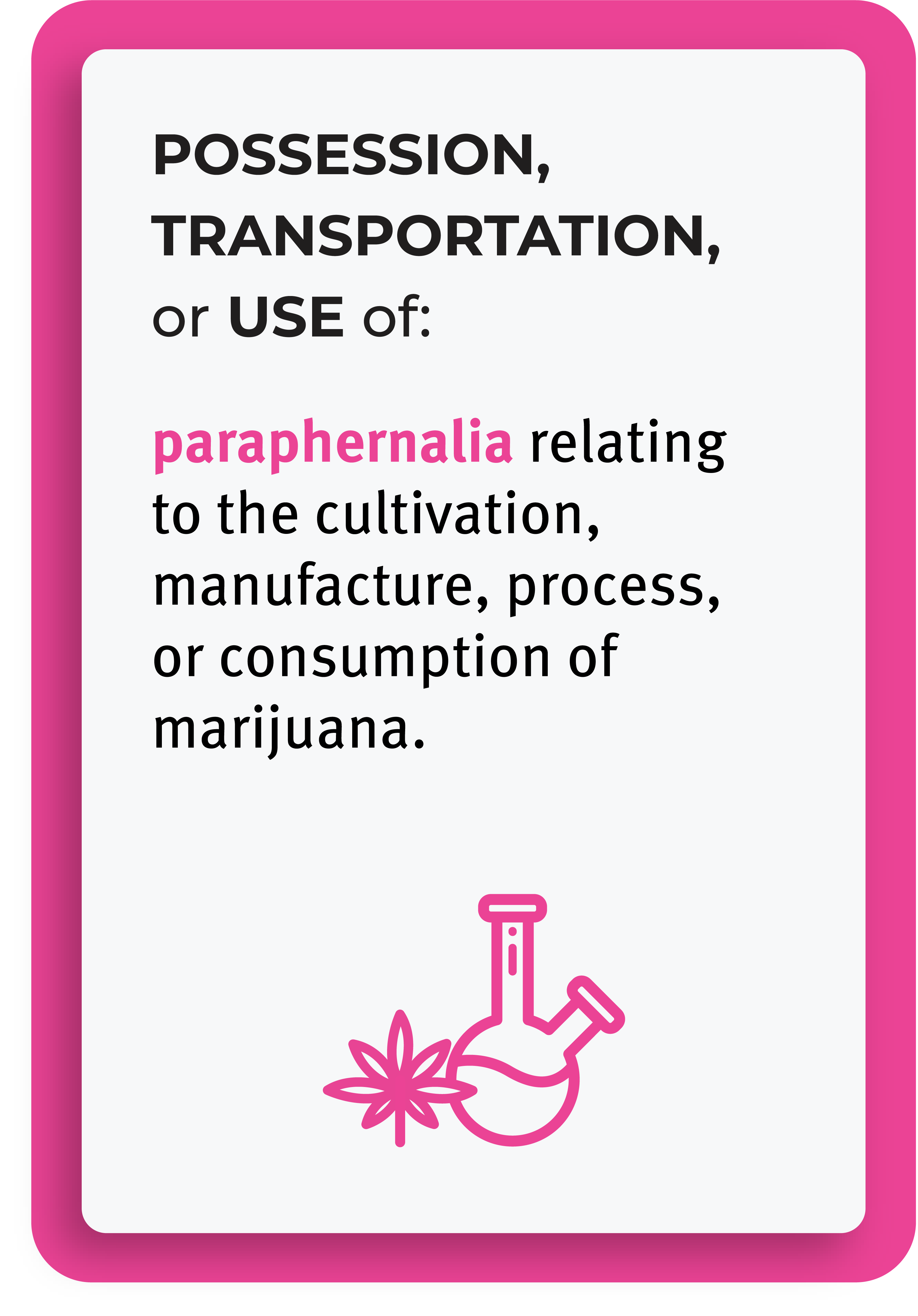 Infographic with a water pipe icon and leaf. Text reads: "Possession, transportation, or use of: paraphernalia relating to the cultivation, manufacture, process, or consumption of marijuana."