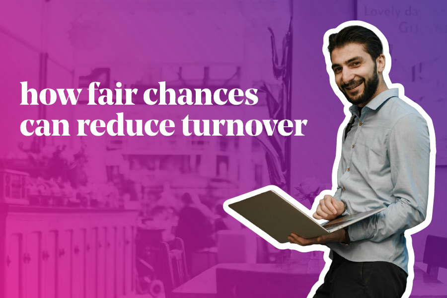 A man with a beard and wearing a light gray shirt smiles while holding a laptop. The image features a pink and purple gradient background with text that reads: "how fair chances can reduce turnover."