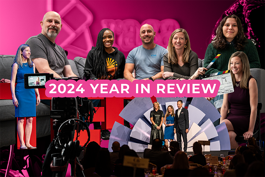 A dynamic collage celebrating highlights from 2024, featuring speakers, group portraits, and behind-the-scenes moments, with bold text reading '2024 Year in Review.