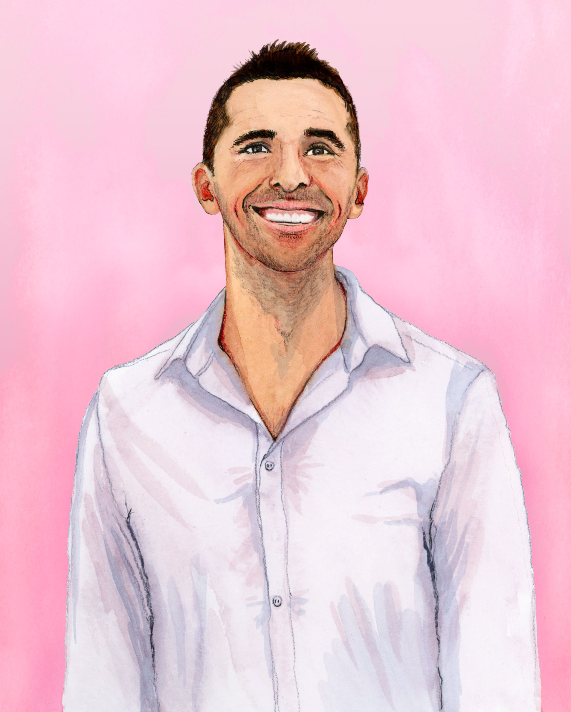 John_vertical (1) A detailed illustration of a smiling John Jackson with short dark hair and a white shirt, set against a soft pink background.