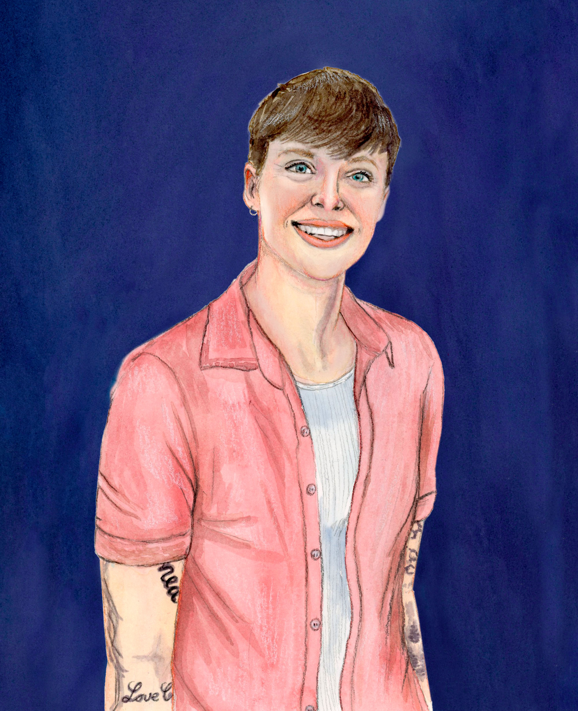 Morgan_vertical (1) Illustrated portrait of a smiling person with short brown hair wearing a salmon pink short-sleeved button-up shirt over a white top. They have visible tattoos on both arms and stand against a deep blue background.